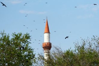 Minaretul geamiei din comuna Peștera, cu ciori zburând în jurul lui